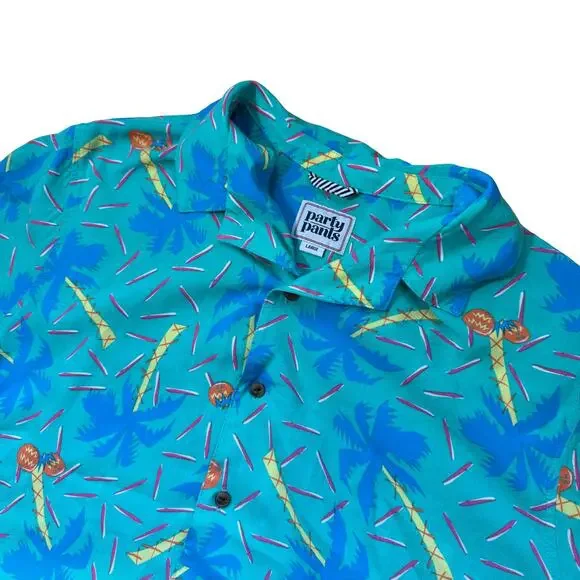 Party Pants Button Down Shirt Large Palm Tree Graphic Print Vacation Loud Short - Picture 3 of 5
